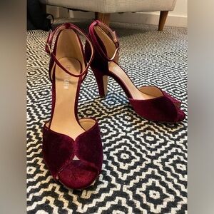 Velvet Peep toe heels with ankle strap - deep cranberry, size 8